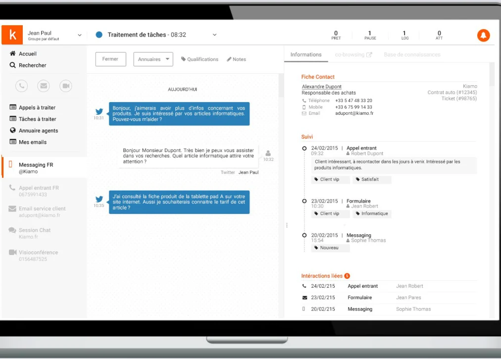 Poste de travail conseiller Kiamo : traitement omnicanal, fiche contact et historique des interactions
